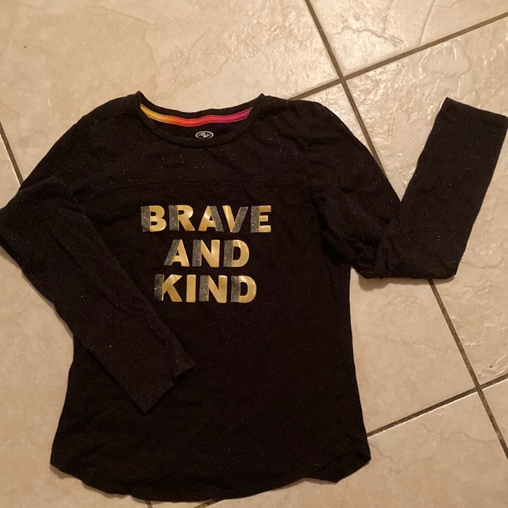 Black Kids' Long-Sleeve Tee with Gold 'Brave and Kind' Graphic